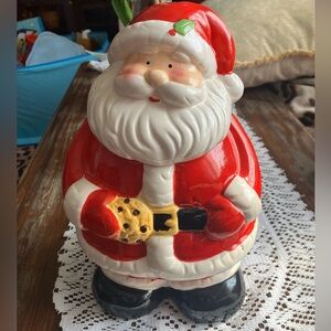 Holly Jolly Santa Cookie Jar Christmas Holiday Decor Ceramic Hand Painted